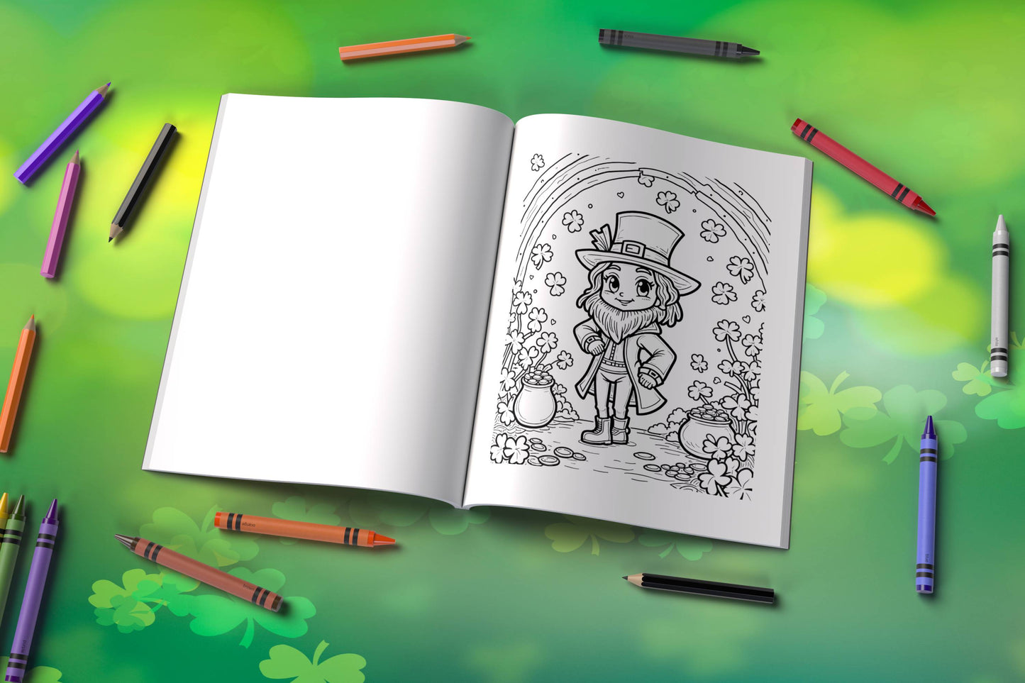 Irish-themed coloring book with gold pots, leprechauns, and lucky charm scenes