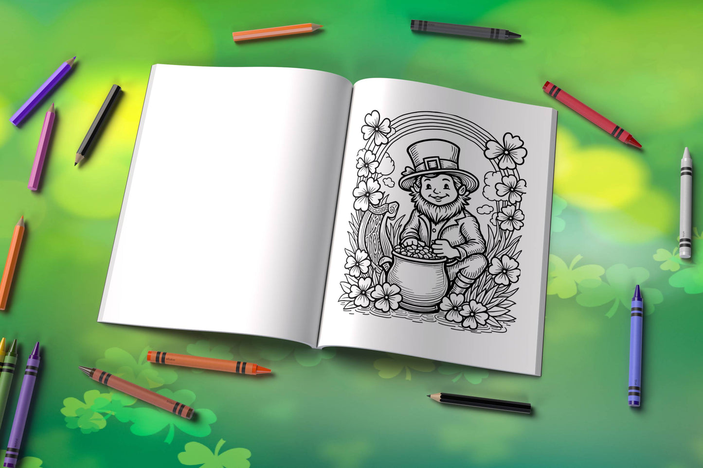 Irish-themed coloring book with gold pots, leprechauns, and lucky charm scenes