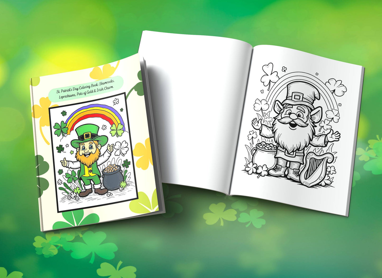 Irish-themed coloring book with gold pots, leprechauns, and lucky charm scenes
