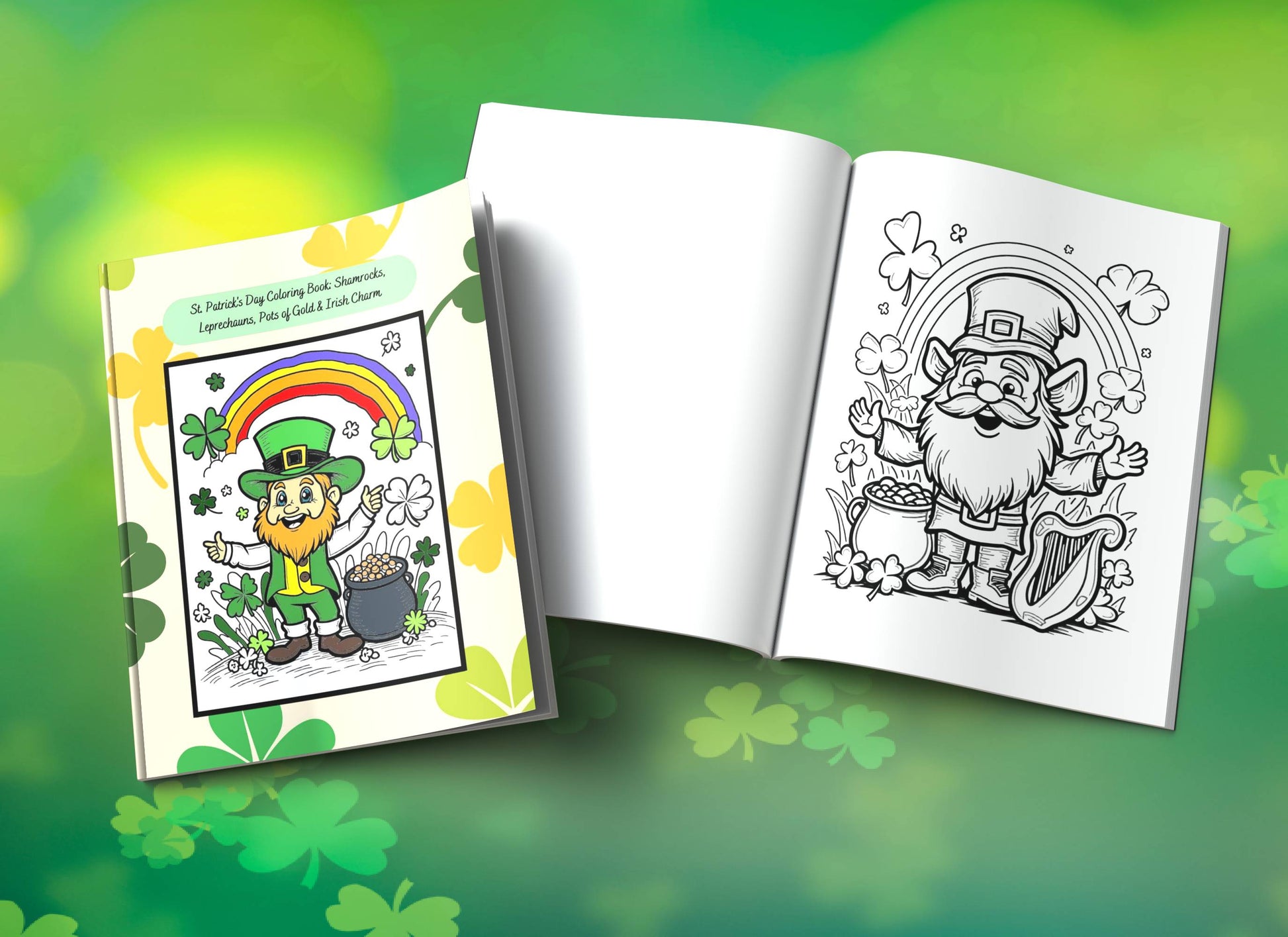 Irish-themed coloring book with gold pots, leprechauns, and lucky charm scenes