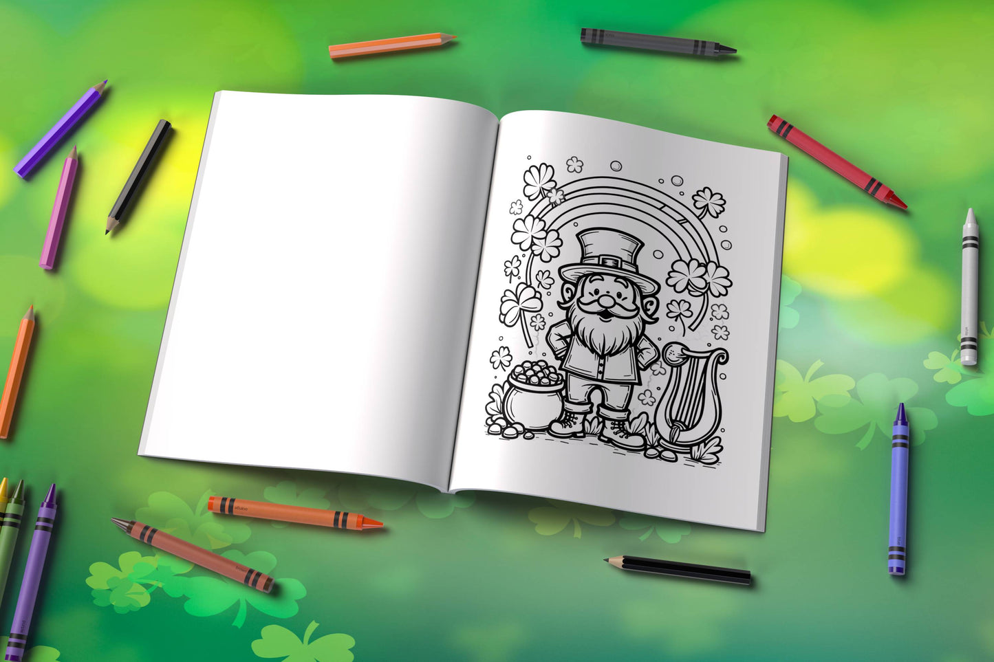 St. Patrick’s Day coloring book with shamrocks and leprechaun fun