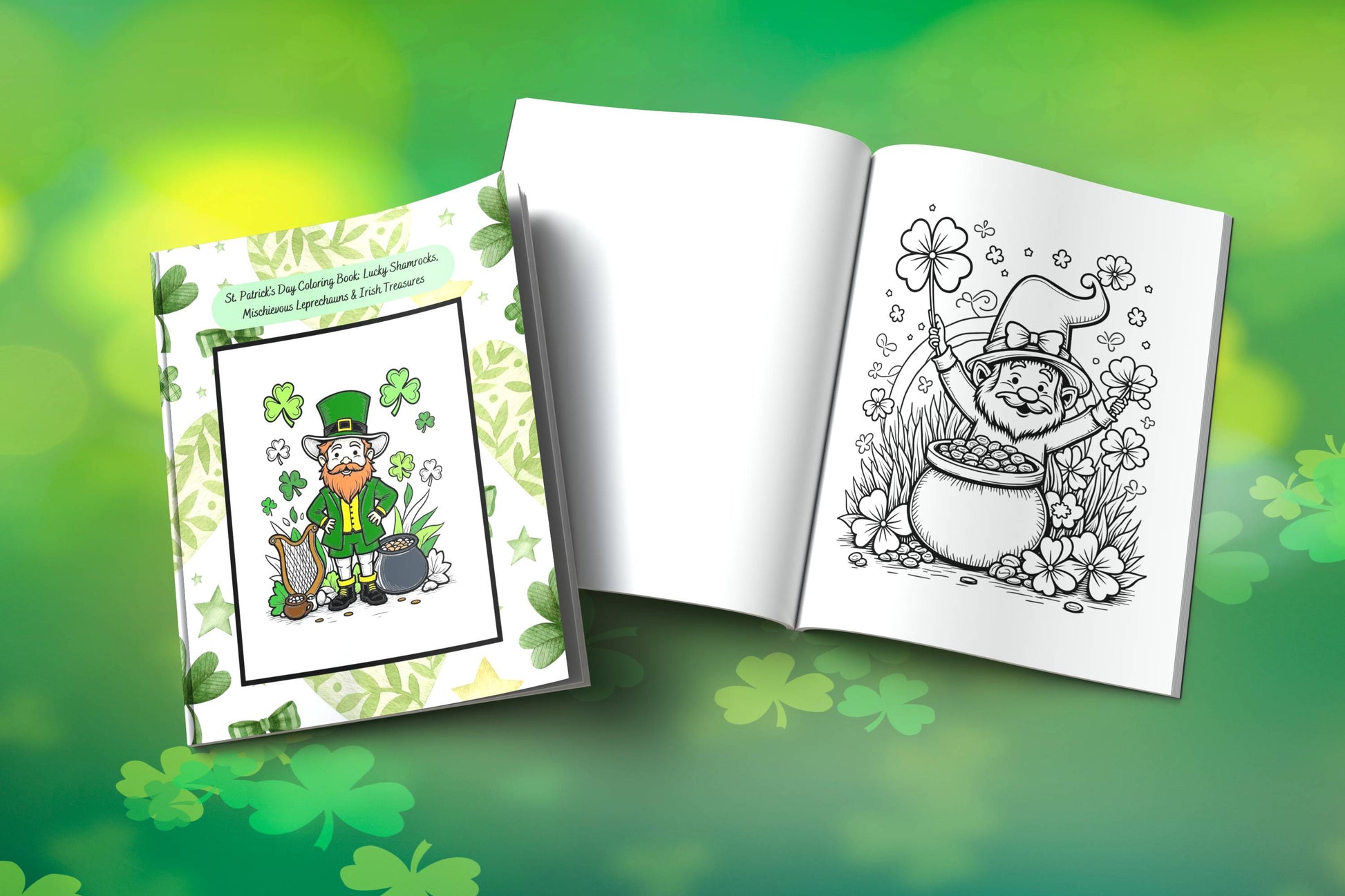 St. Patrick’s Day coloring book with shamrocks and leprechaun fun