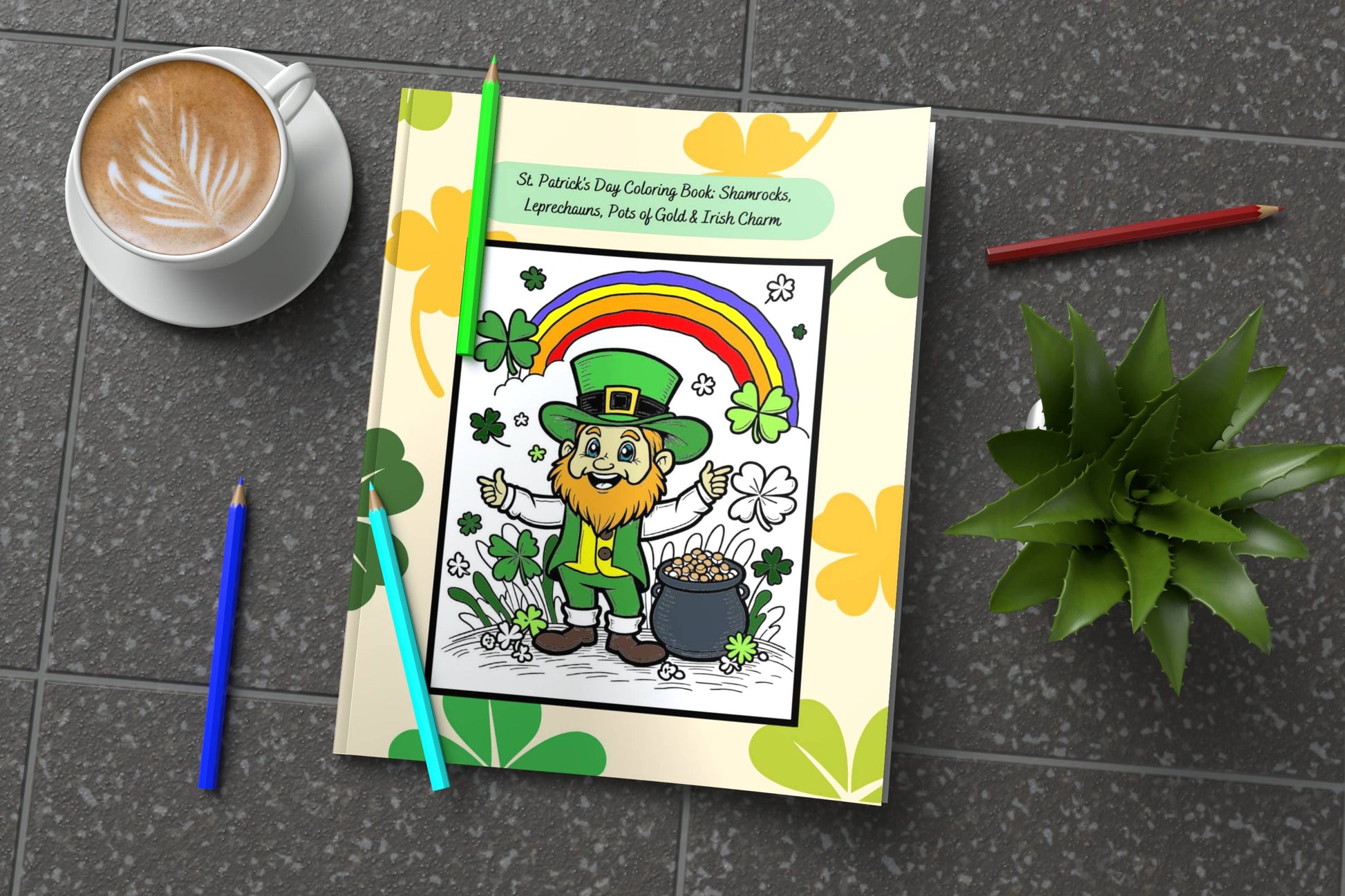 Irish-themed coloring book with gold pots, leprechauns, and lucky charm scenes