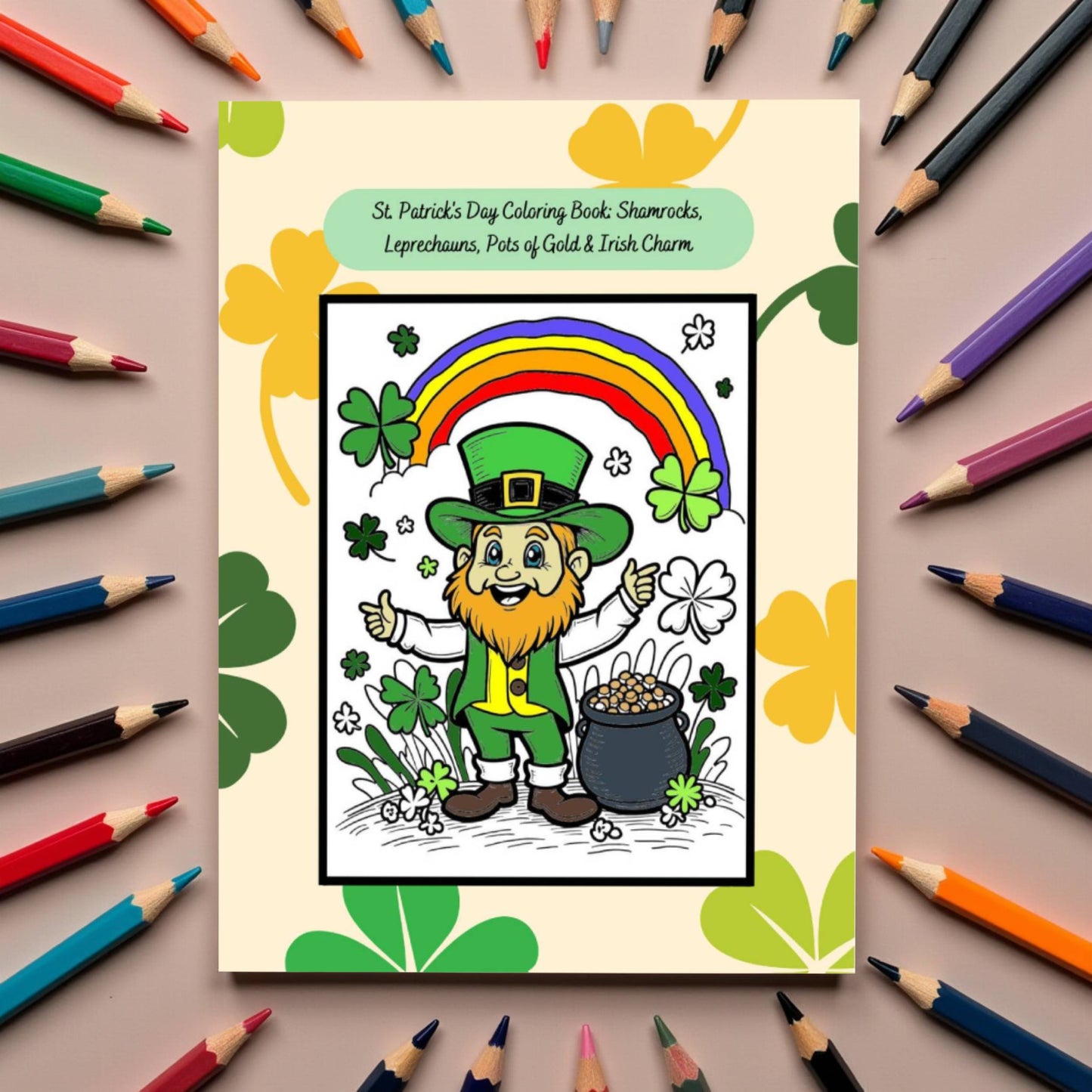 Irish-themed coloring book with gold pots, leprechauns, and lucky charm scenes