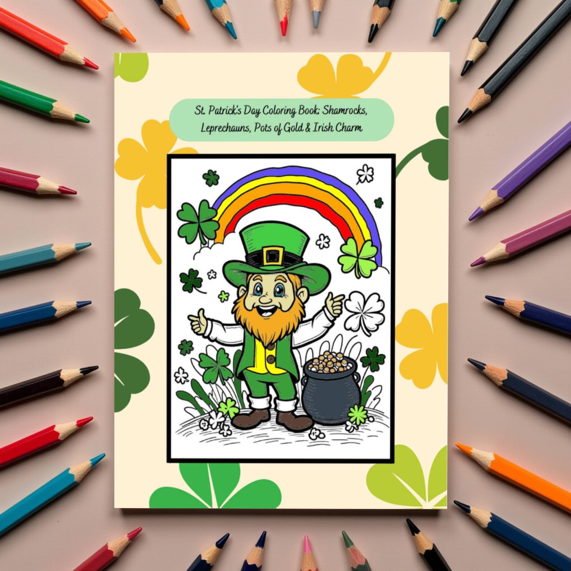 Irish-themed coloring book with gold pots, leprechauns, and lucky charm scenes