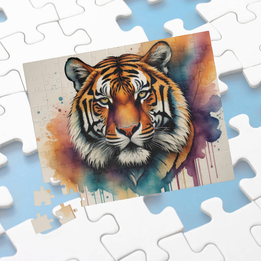 Calm tiger moving through tall grass, featured on a puzzle that blends nature, peace, and quiet focus