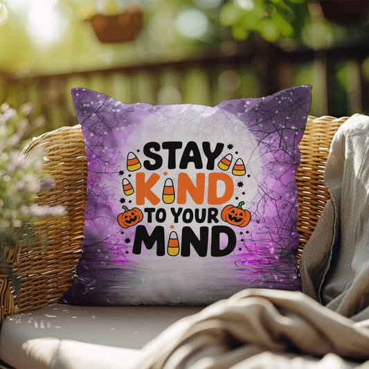 Shop our stay kind to your mind halloween pillow featuring the 18" x 18" style option from MySisterIsASurvivor.