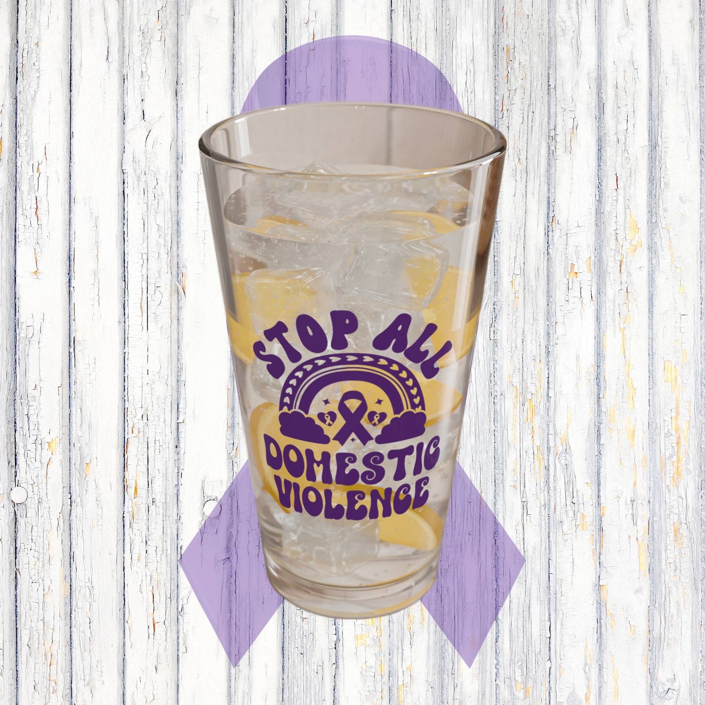 Pint glass with Stop All Domestic Violence design to raise awareness