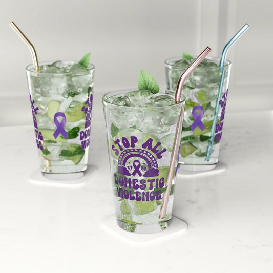 Shop our premium stop all domestic violence pint glass 16oz from MySisterIsASurvivor.
