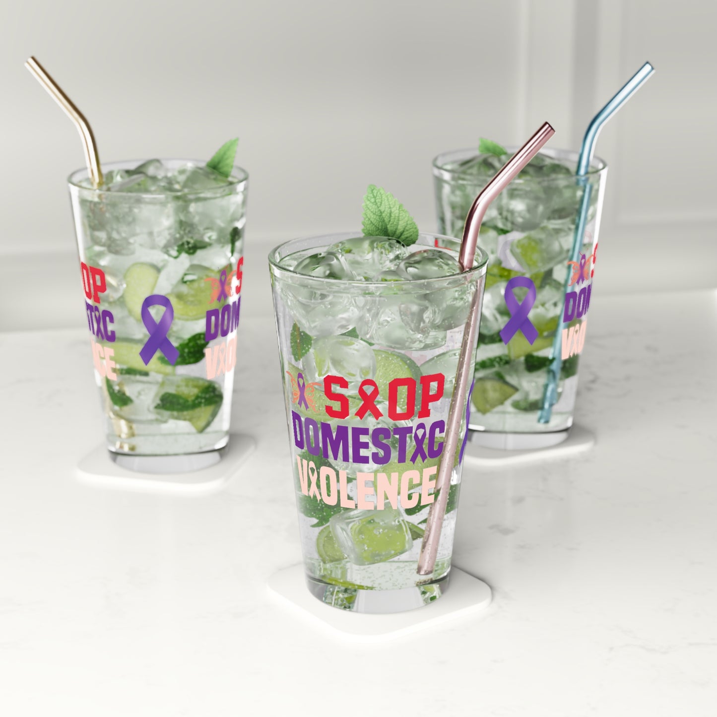 Stop Domestic Violence awareness pint glass with strong message