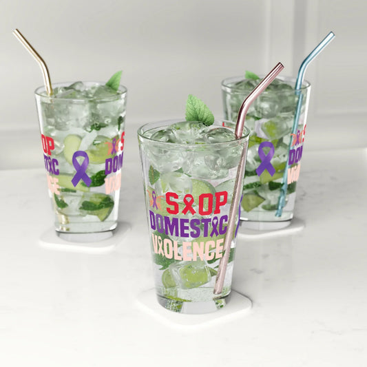 Shop our premium stop domestic violence pint glass 16oz from MySisterIsASurvivor.