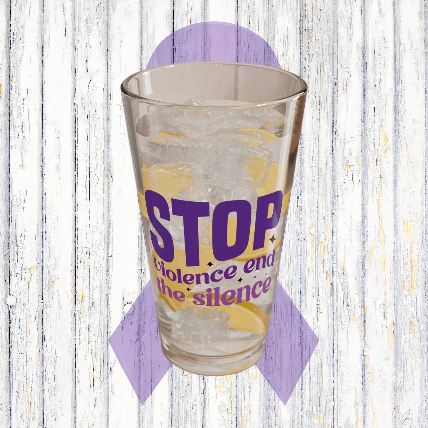 Pint glass with Stop Violence End The Silence message for awareness