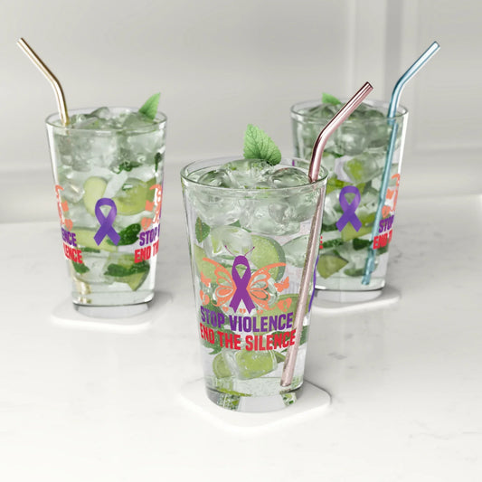 Shop our premium stop violence end the silence pint glass 16oz from MySisterIsASurvivor.