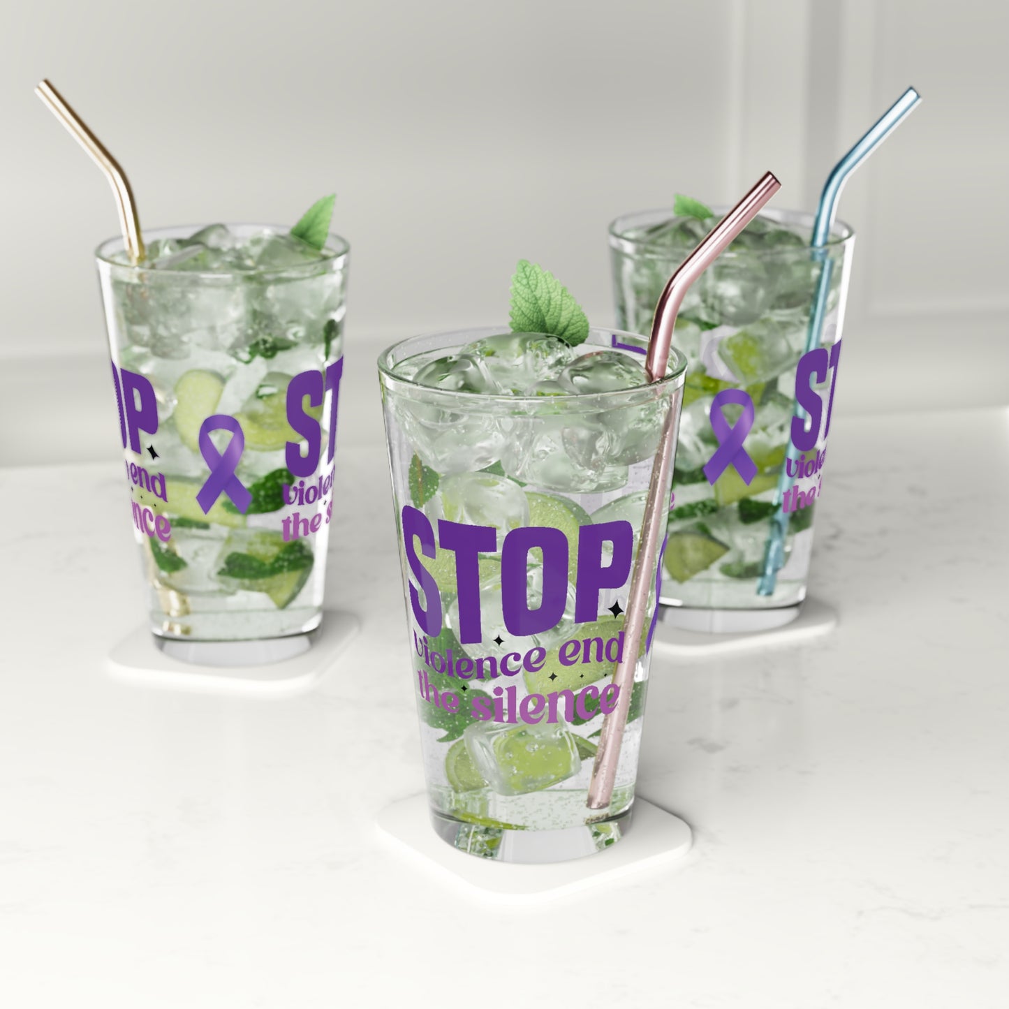 Pint glass with Stop Violence End The Silence message for awareness