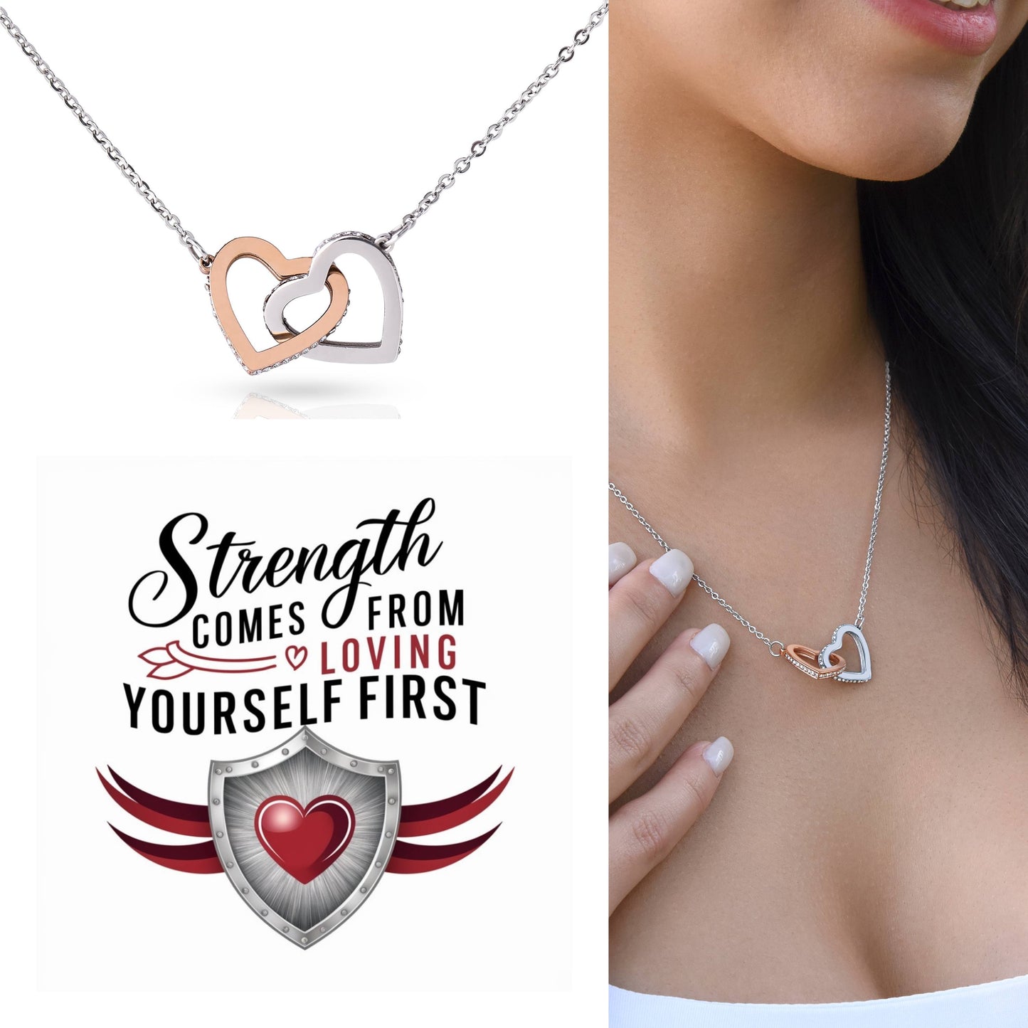 Strength Comes From Loving Yourself First - Interlocking Hearts Necklace uplifting self-belief jewelry