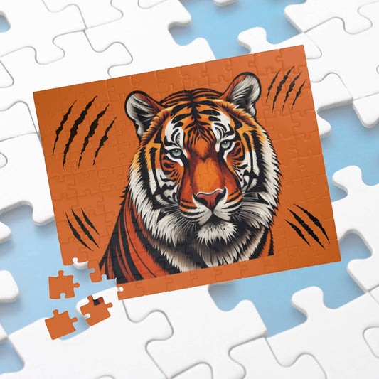 Powerful tiger standing tall in a dynamic pose, captured on a jigsaw puzzle representing bold inner strength