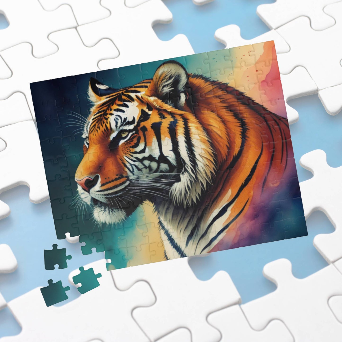 Tiger lying down peacefully, showing detailed striped fur, featured in a tranquil and artistic puzzle