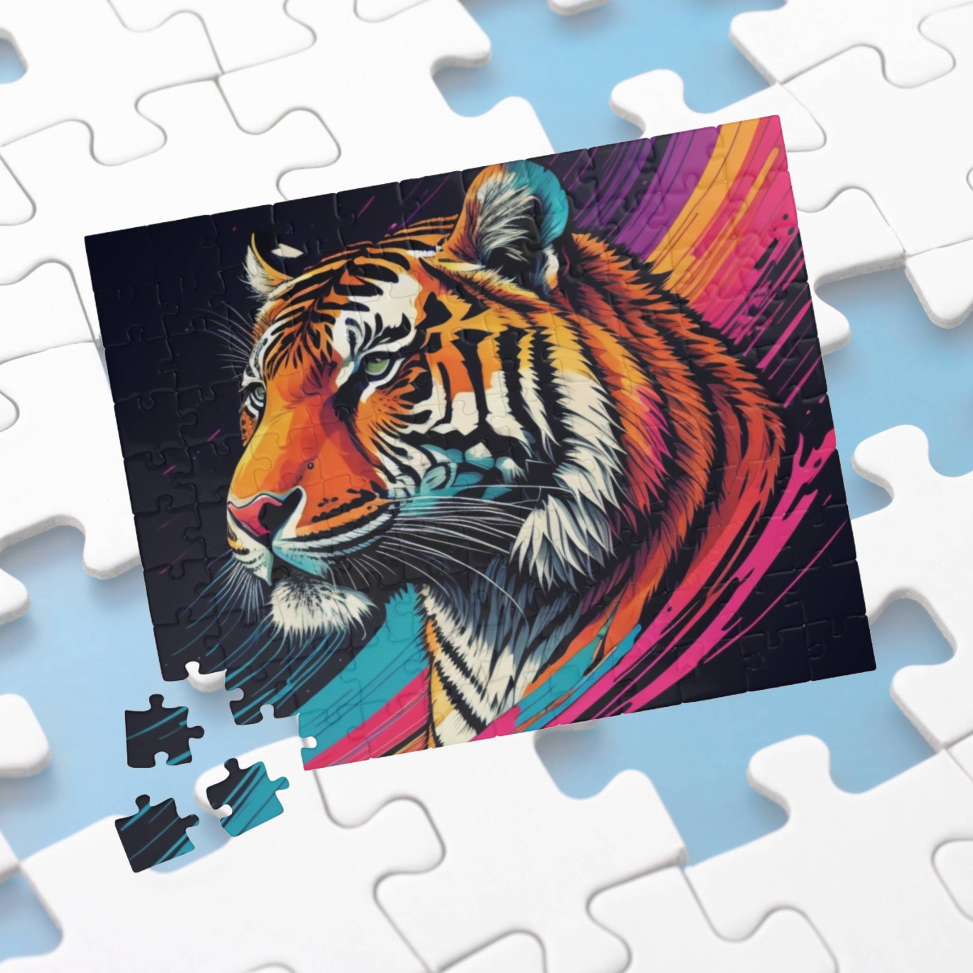 Detailed close-up of tiger stripes, printed on a puzzle that celebrates resilience and natural beauty
