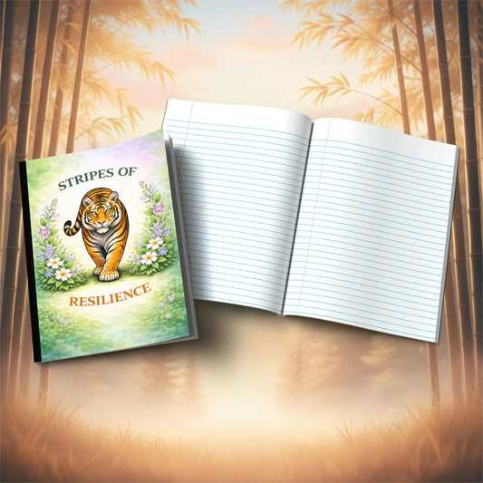 Shop our stripes of resilience tiger composition notebook featuring the Tiger Orange Lined style option from MySisterIsASurvivor.