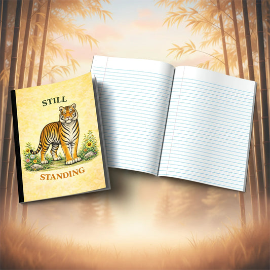 Shop our still standing tiger composition notebook featuring the Tiger Orange Lined style option from MySisterIsASurvivor.