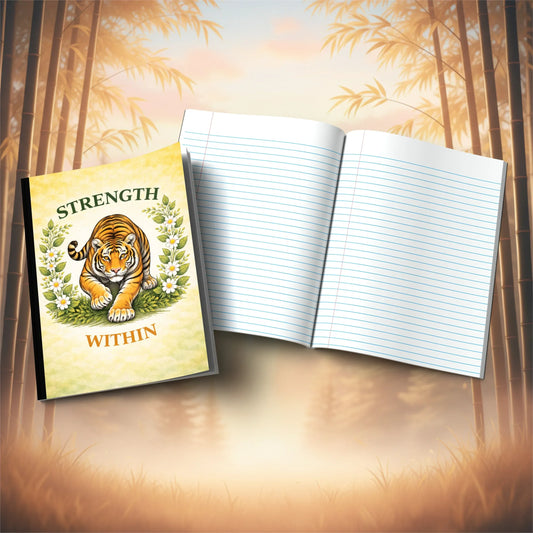Shop our strength within tiger composition notebook featuring the Tiger Orange Lined style option from MySisterIsASurvivor.