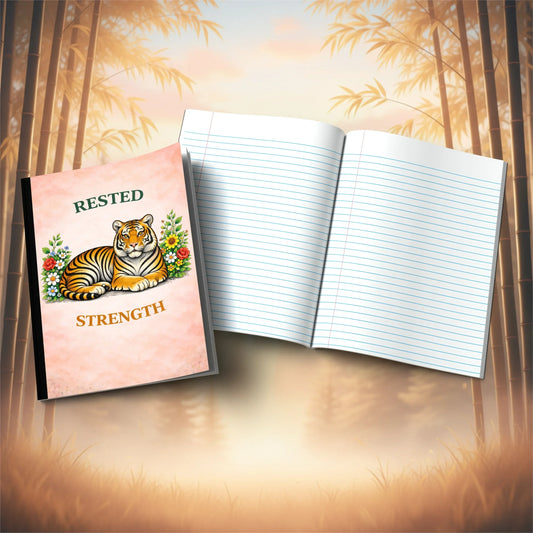 Shop our rested strength tiger composition notebook featuring the Tiger Orange Lined style option from MySisterIsASurvivor.