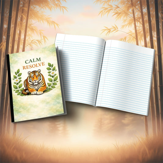 Shop our calm resolve tiger composition notebook featuring the Black Lined style option from MySisterIsASurvivor.