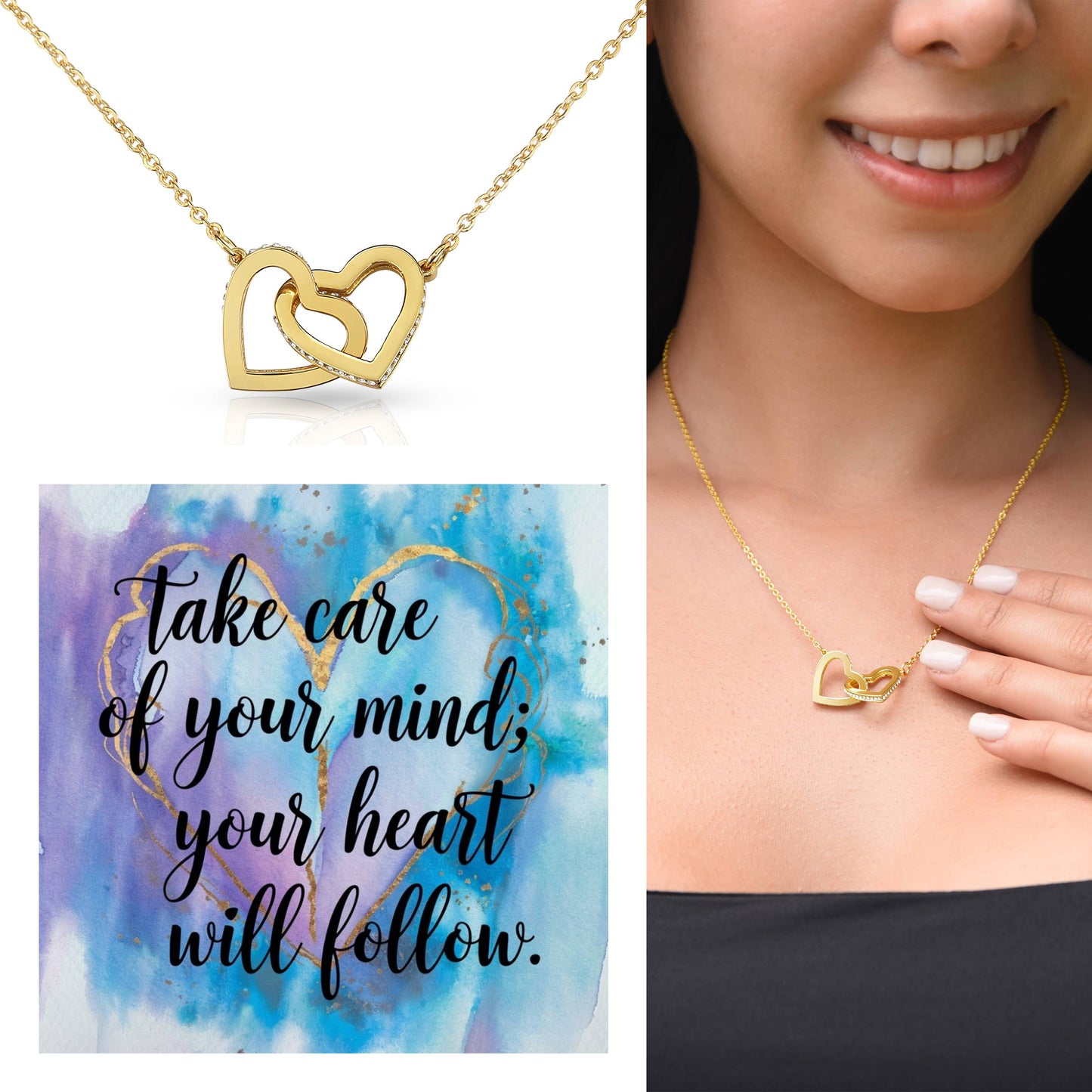 Take Care of Your Mind, Heart Will Follow - Interlocking Hearts Necklace supportive jewelry gift