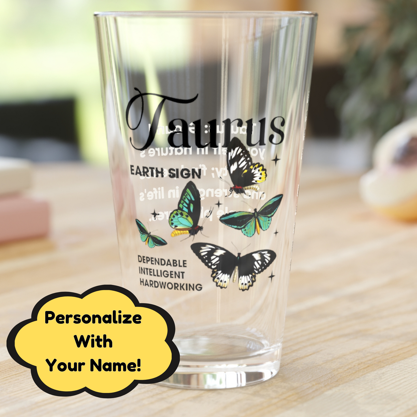 Taurus zodiac pint glass, personalized 16oz astrology birthday horoscope drinkware gift