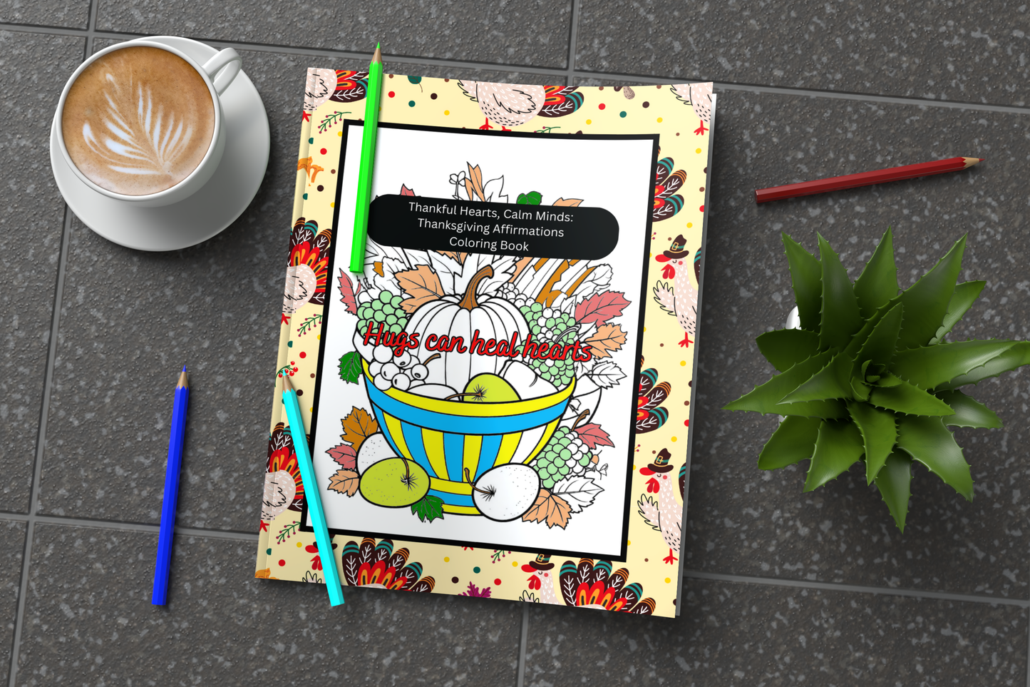 Thanksgiving affirmation coloring book with thankful hearts and peace