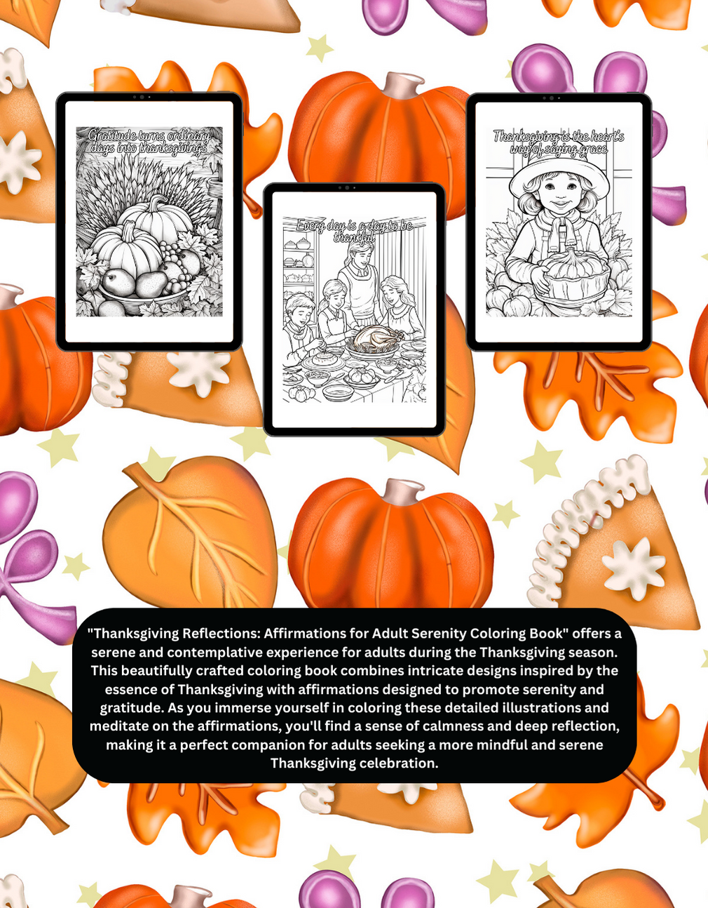 Reflective Thanksgiving coloring book with calming affirmations