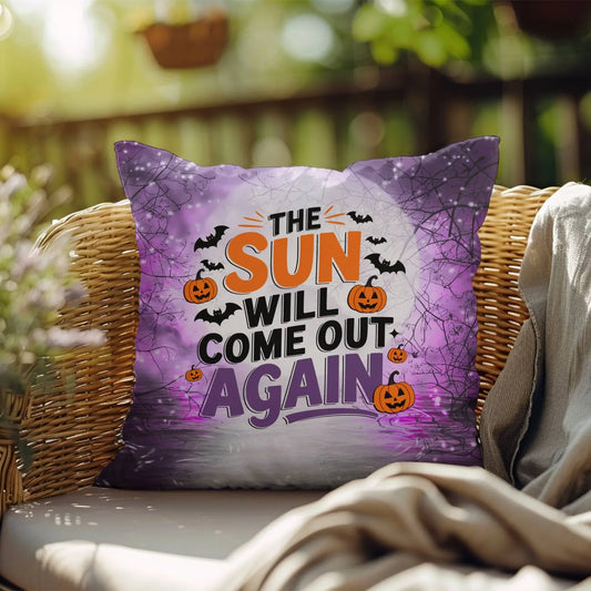 Shop our the sun will come out again halloween pillow featuring the 18" x 18" style option from MySisterIsASurvivor.