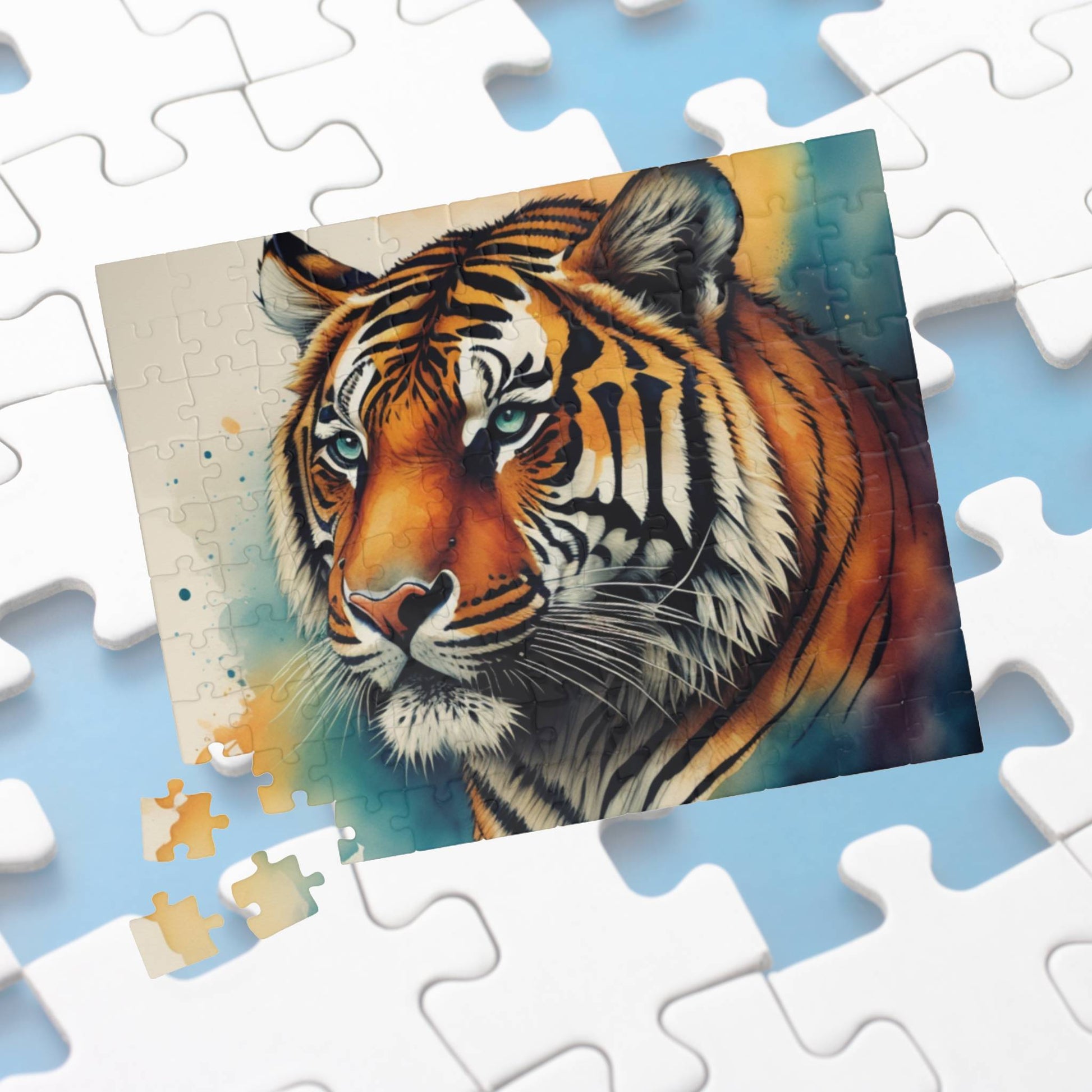 Tiger with intense gaze in colorful background, featured in a puzzle about growth and creative energy