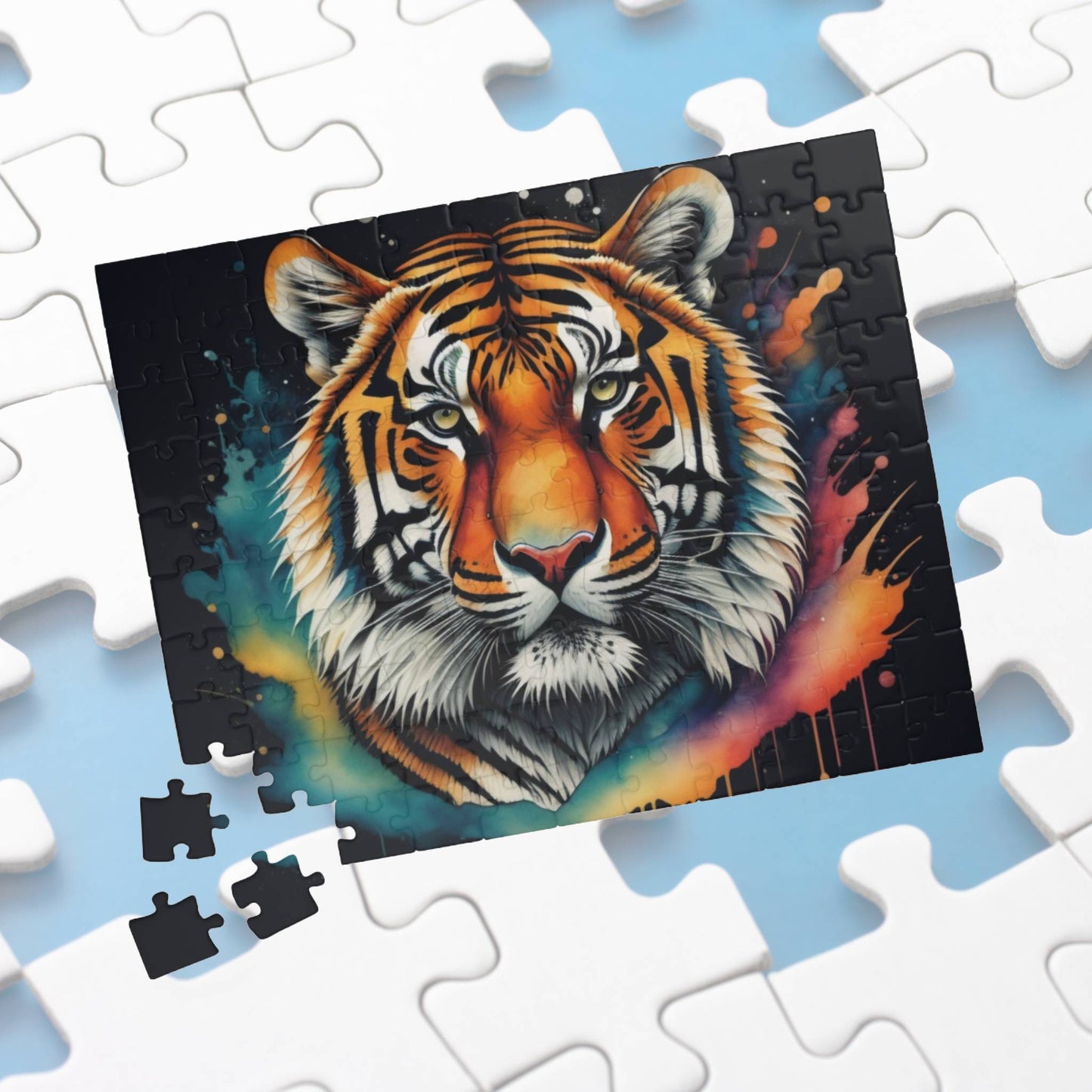 Peaceful tiger resting in a lush jungle setting, captured on a puzzle promoting calm and focus