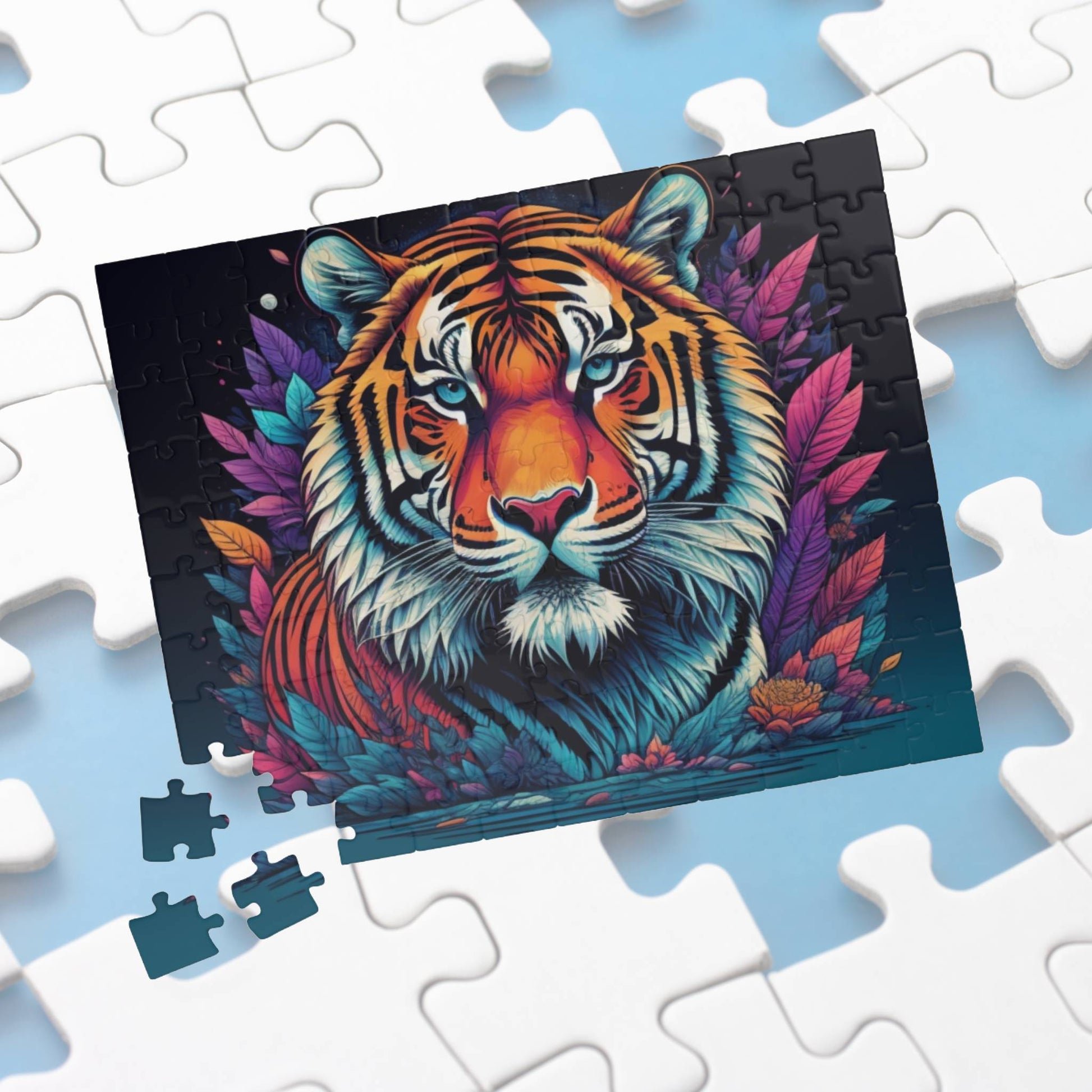 Determined tiger walking forward in moody lighting, featured on a puzzle highlighting strength and tenacity