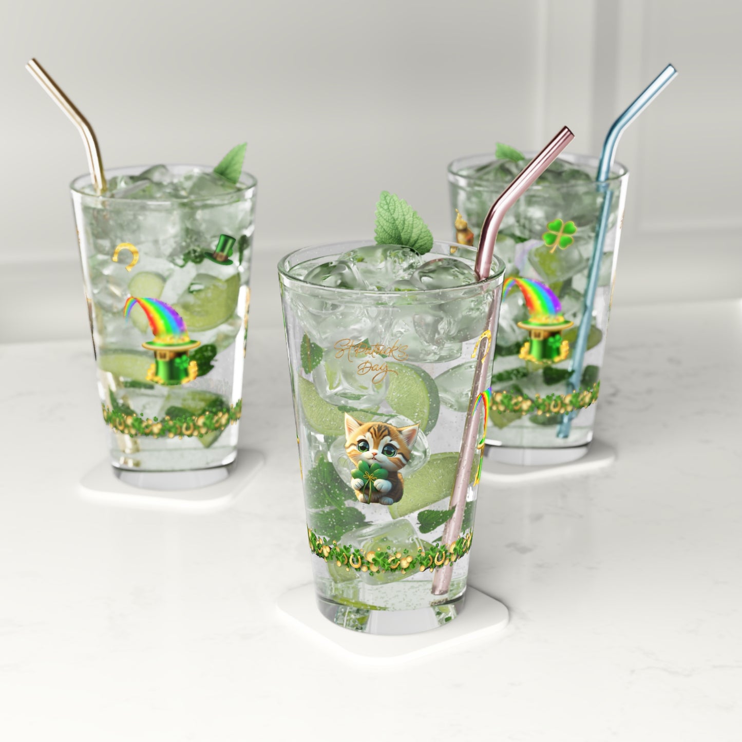 Tranquil Treasures with Tiny Whiskers: Mindful St. Patrick's Day 16oz Pint Glasses - Festive Design for Positivity & Wellness