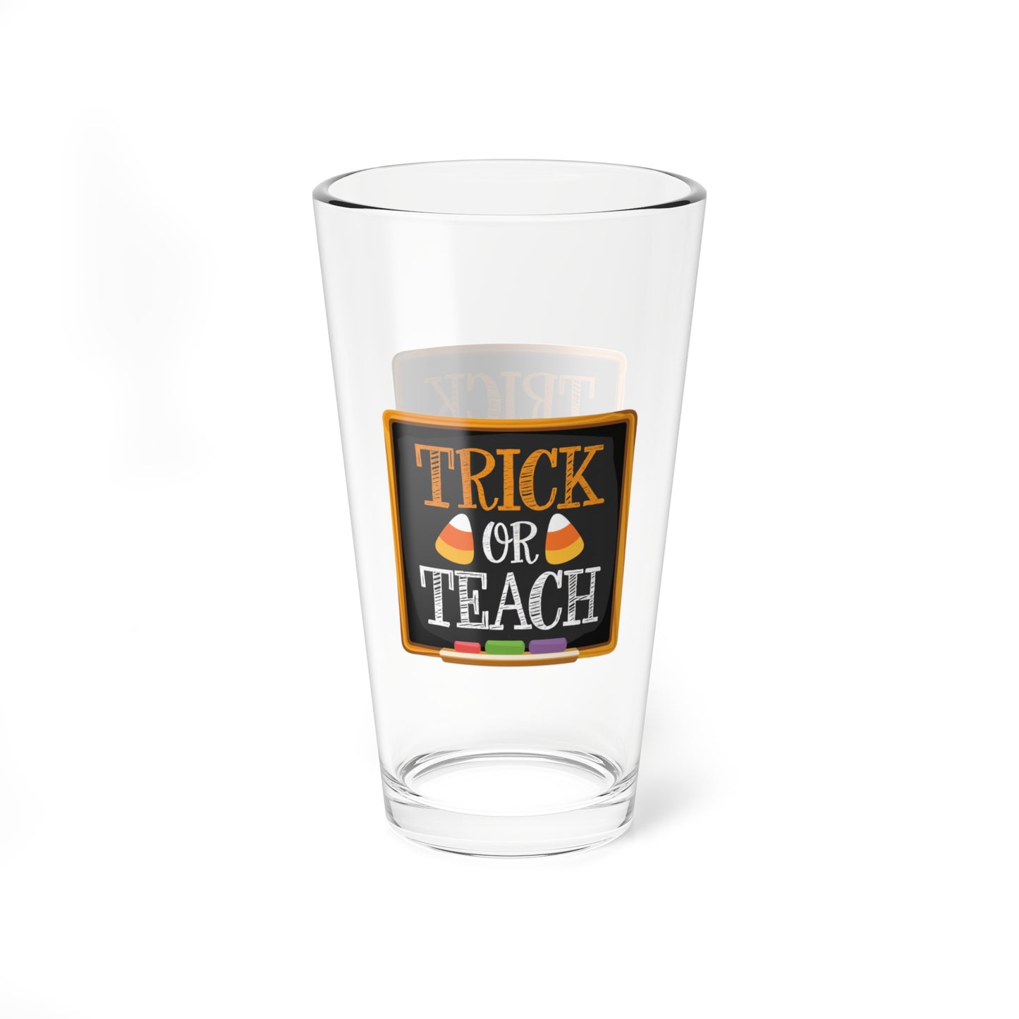 Teach Or Trick Halloween 16oz pint glass, playful twist on Halloween party drinkware - MySisterIsASurvivor