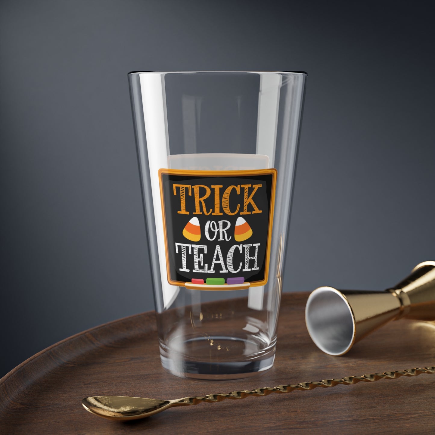 Teach Or Trick Halloween 16oz pint glass, playful twist on Halloween party drinkware - MySisterIsASurvivor