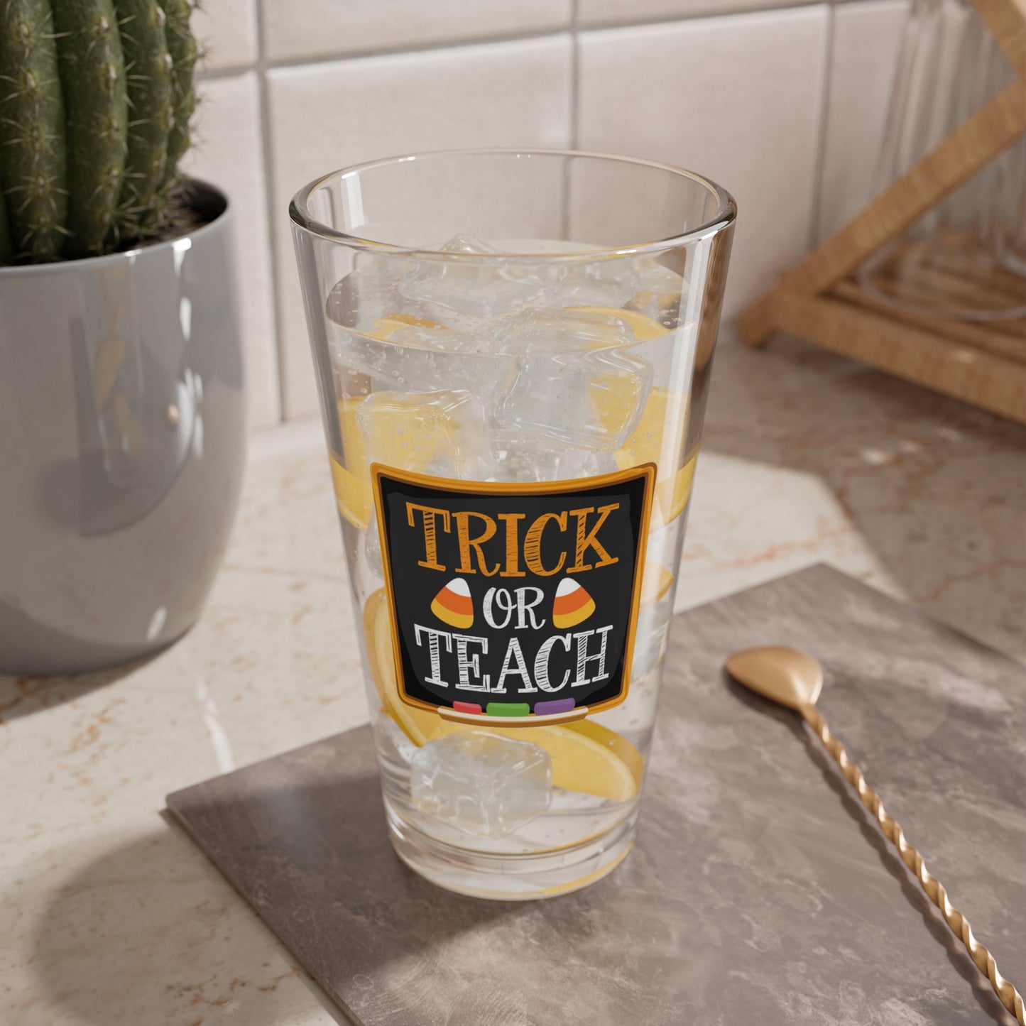 Teach Or Trick Halloween 16oz pint glass, playful twist on Halloween party drinkware - MySisterIsASurvivor