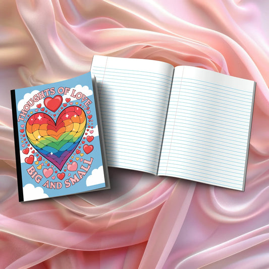 Shop our thoughts of love big and small composition notebook featuring the Magenta Lined style option from MySisterIsASurvivor.