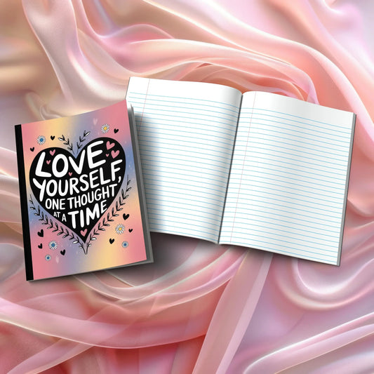 Shop our love yourself one thought at a time composition notebook featuring the Magenta Lined style option from MySisterIsASurvivor.