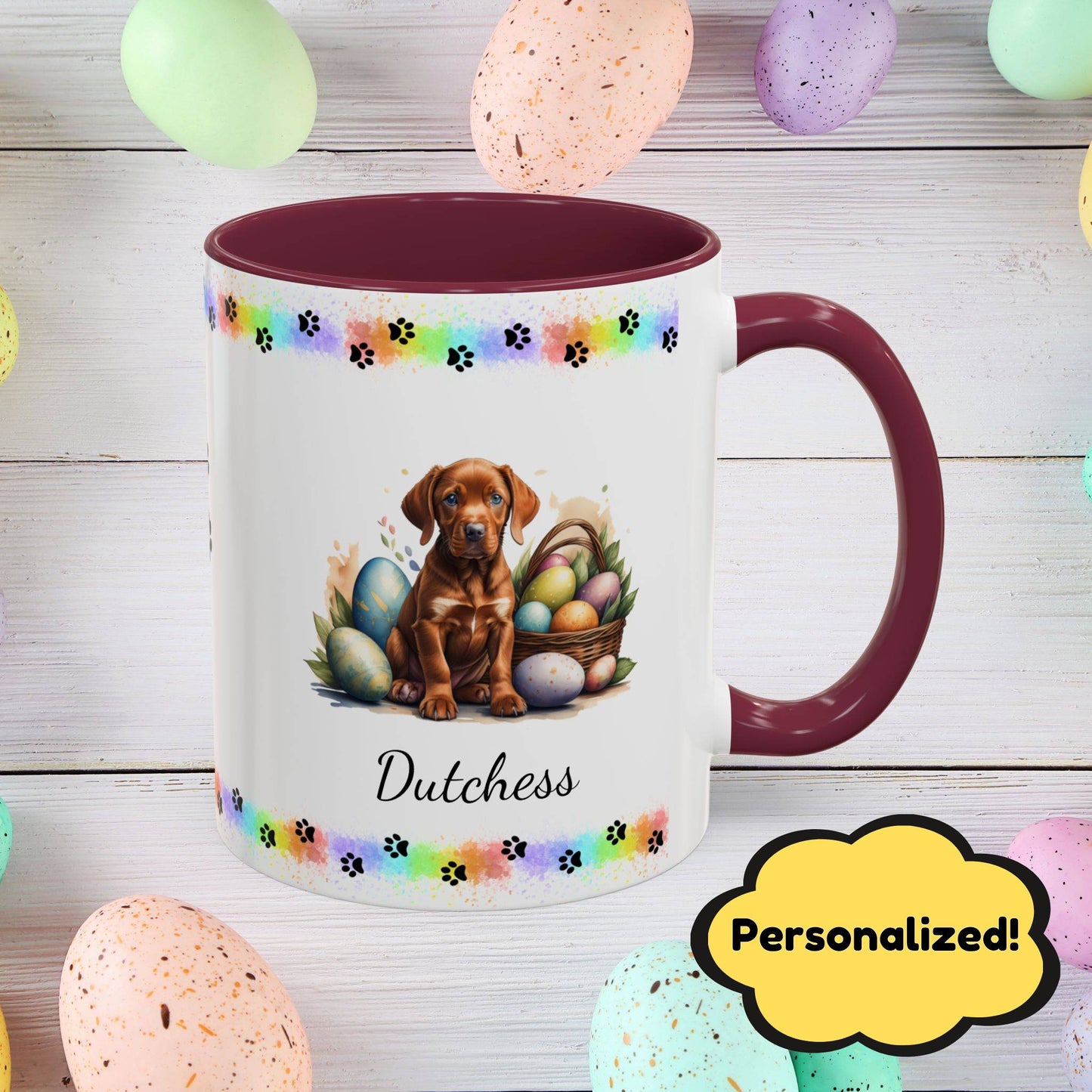 Vizsla Easter puppy coffee mug personalized adorable dog lover gift, great for mindful self-care and Easter gifting.