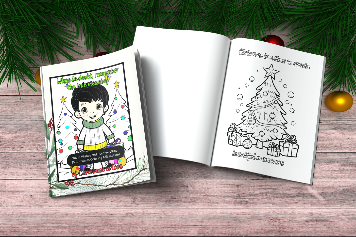 Christmas coloring book with positive affirmations and warm winter scenes