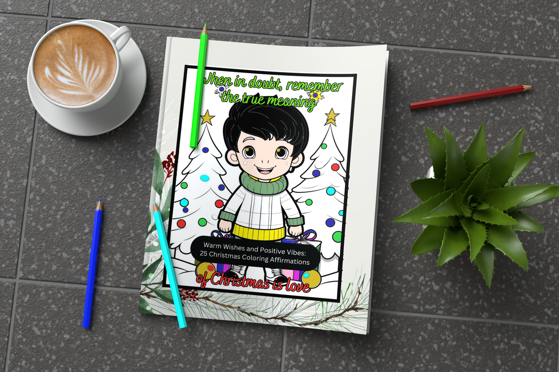 Christmas coloring book with positive affirmations and warm winter scenes