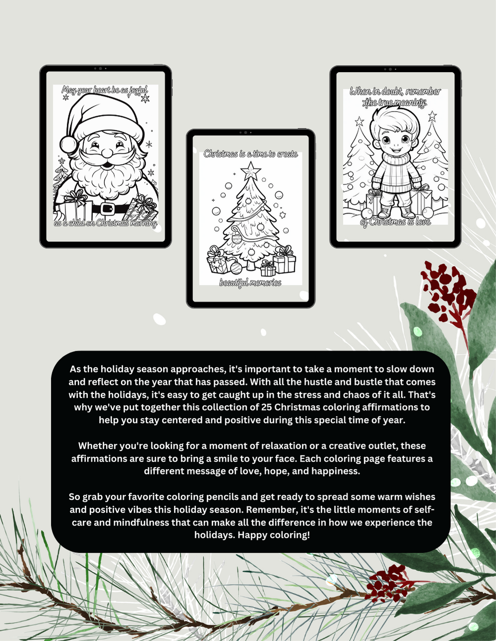 Christmas coloring book with positive affirmations and warm winter scenes