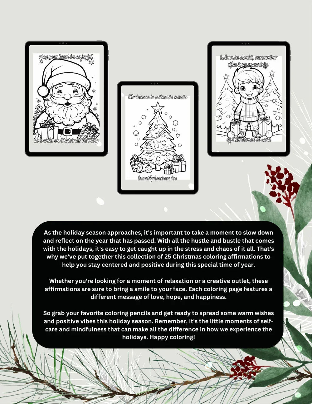 Shop our premium warm wishes and positive vibes christmas coloring book with 25 christmas themed affirmations from MySisterIsASurvivor.