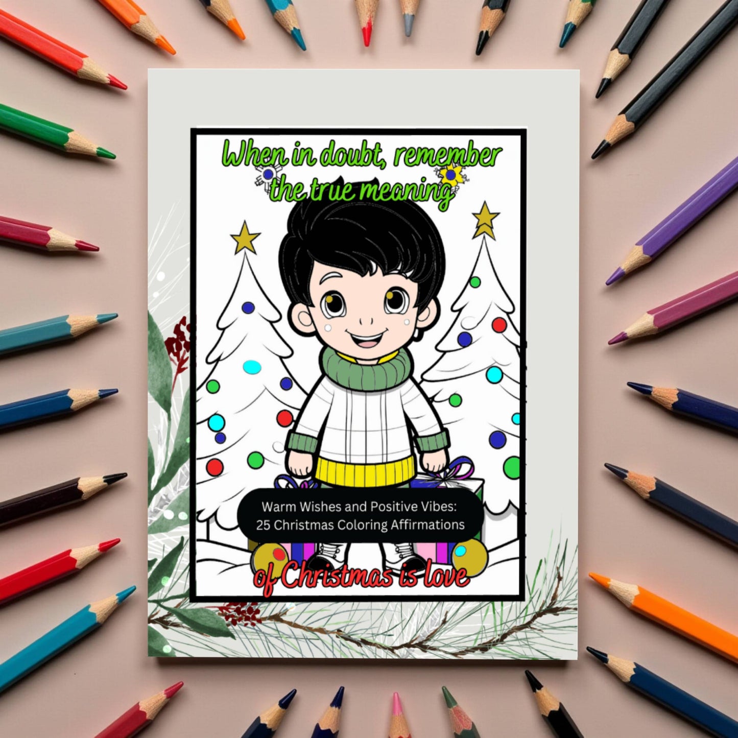 Christmas coloring book with positive affirmations and warm winter scenes
