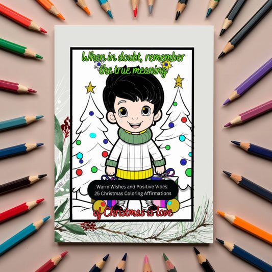Christmas coloring book with positive affirmations and warm winter scenes