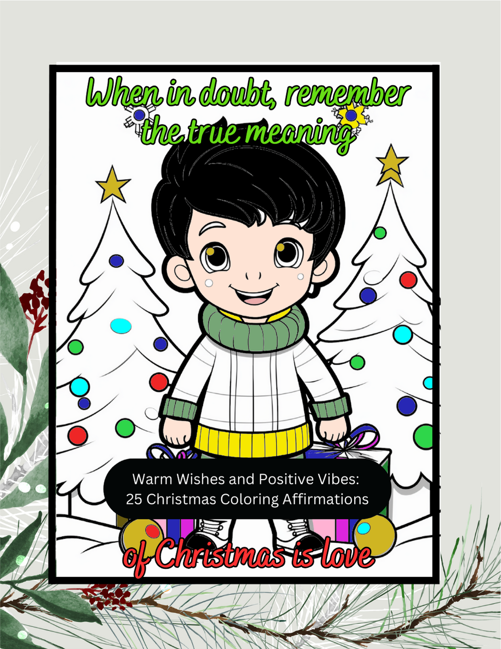 Christmas coloring book with positive affirmations and warm winter scenes