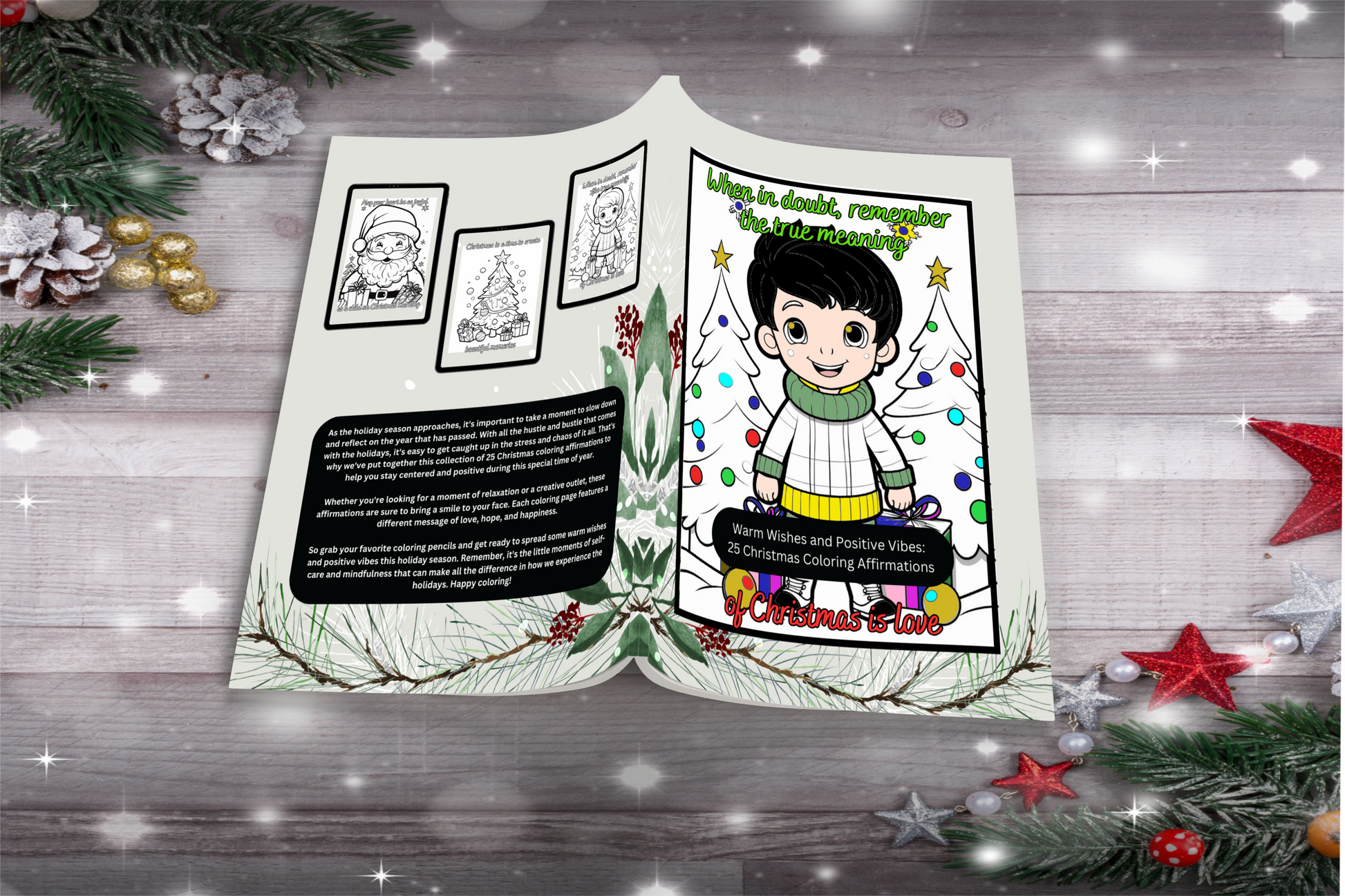 Christmas coloring book with positive affirmations and warm winter scenes